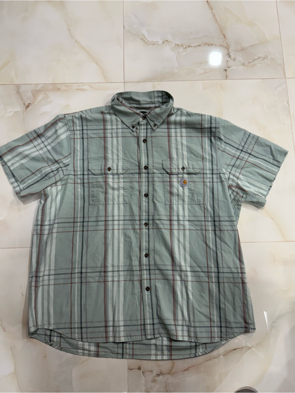 Carhartt Men's Short-Sleeve Button-Down Plaid Shirt - Sage Green & Brown
